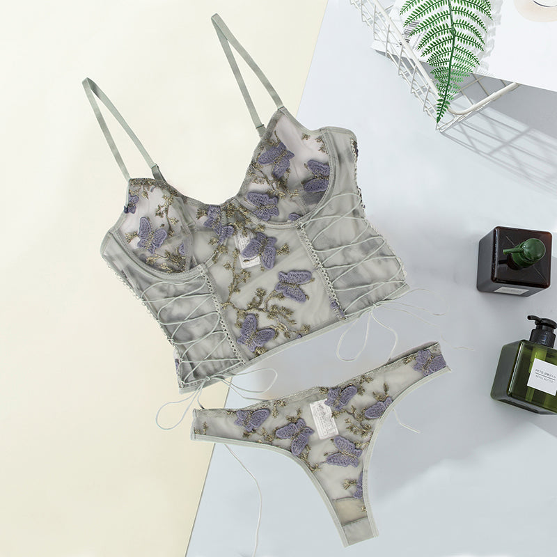 Comeonlover Embroidery Butterfly Bra Set Transparent Mesh Erotic Lingerie Panties Underwire Lace Up Sexy Underwear Set