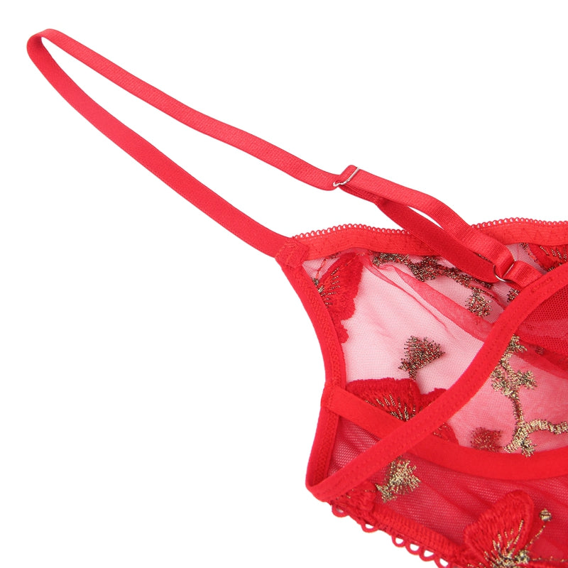 Comeonlover Embroidery Butterfly Bra Set Transparent Mesh Erotic Lingerie Panties Underwire Lace Up Sexy Underwear Set