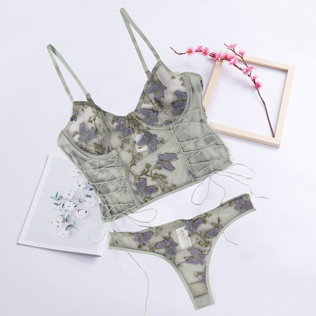 Comeonlover Embroidery Butterfly Bra Set Transparent Mesh Erotic Lingerie Panties Underwire Lace Up Sexy Underwear Set