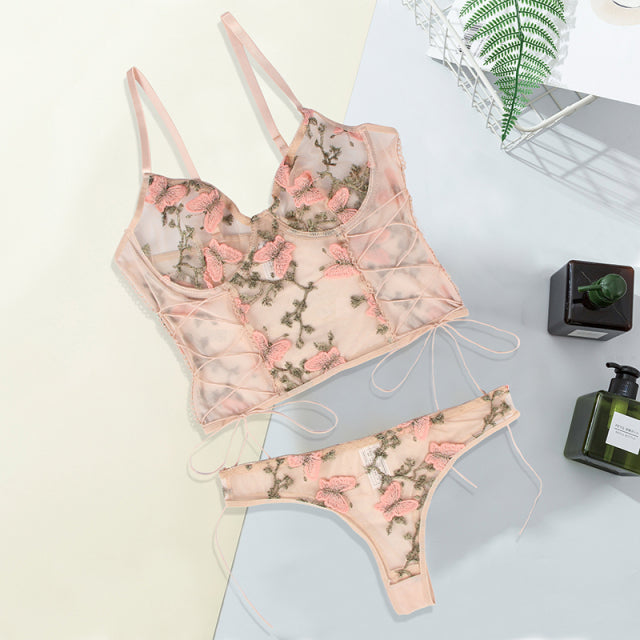 Comeonlover Embroidery Butterfly Bra Set Transparent Mesh Erotic Lingerie Panties Underwire Lace Up Sexy Underwear Set