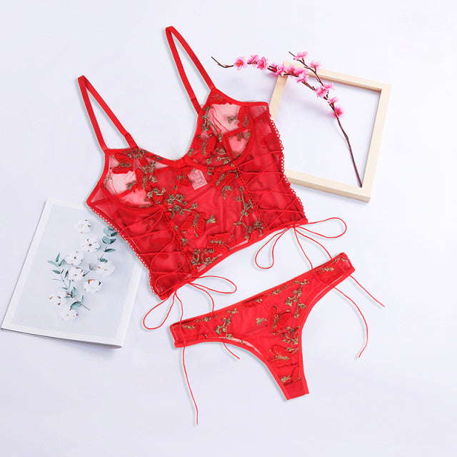 Comeonlover Embroidery Butterfly Bra Set Transparent Mesh Erotic Lingerie Panties Underwire Lace Up Sexy Underwear Set