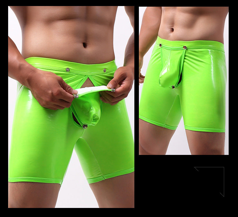 Men Long Boxer Shorts Sexy Big Penis Bag Panties Patent Leather Buttons Erotic Hollow Gay Underwear Brand Long Leg Underpants