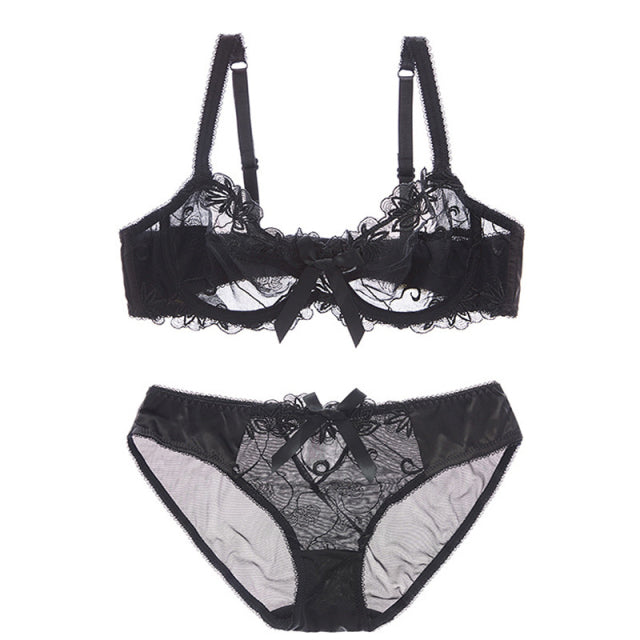 Logirlve New Fashion Lingerie Set Women Bras C D Cup Plus Size Underwear Set Sexy Black Transparent Bra and Panties Sets Lace