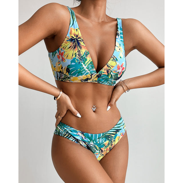 Miturn New Leaves Printed Low Waist Two Pieces Bikini Set Swimsuit Female Women Beachwear Swimwear Bather Bathing Suit