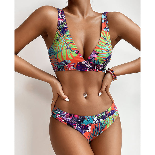 Miturn New Leaves Printed Low Waist Two Pieces Bikini Set Swimsuit Female Women Beachwear Swimwear Bather Bathing Suit