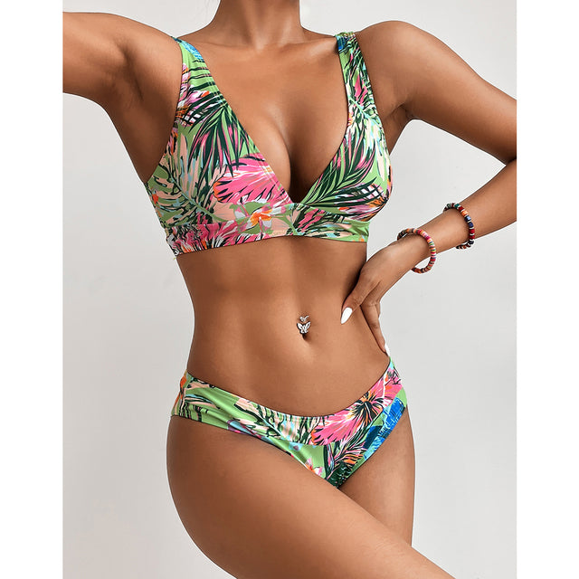 Miturn New Leaves Printed Low Waist Two Pieces Bikini Set Swimsuit Female Women Beachwear Swimwear Bather Bathing Suit