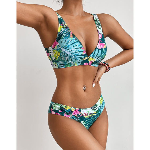 Miturn New Leaves Printed Low Waist Two Pieces Bikini Set Swimsuit Female Women Beachwear Swimwear Bather Bathing Suit