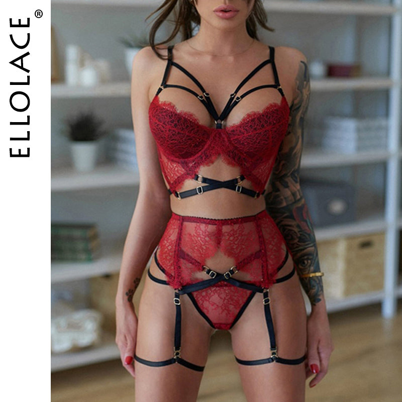 Goth Lingerie Set Bandage Women Underwear Sexy Bra Brief 3 Piece Wireless Brassiere Red Lace Garters Exotic Sets