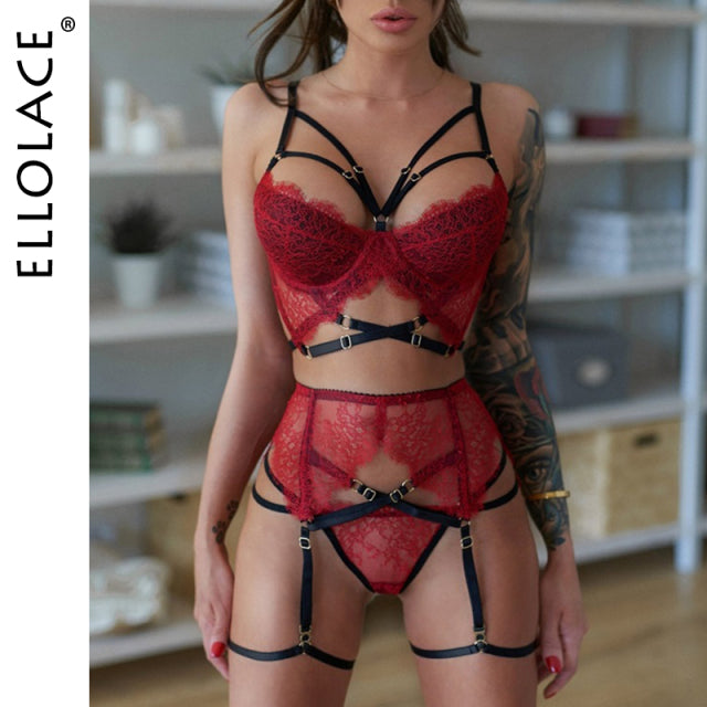 Goth Lingerie Set Bandage Women Underwear Sexy Bra Brief 3 Piece Wireless Brassiere Red Lace Garters Exotic Sets