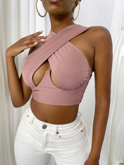 Women Criss Cross Tank Tops Sexy Sleeveless Solid Color Cutout Front Crop Tops Party Club Streetwear Lady Bustier Tops