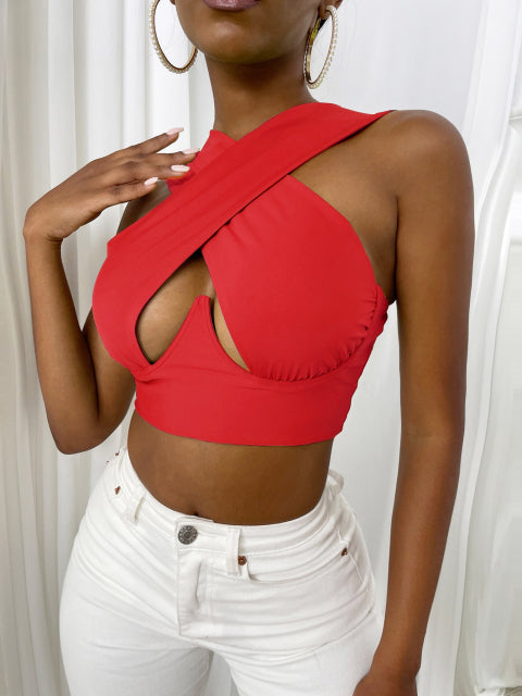 Women Criss Cross Tank Tops Sexy Sleeveless Solid Color Cutout Front Crop Tops Party Club Streetwear Lady Bustier Tops