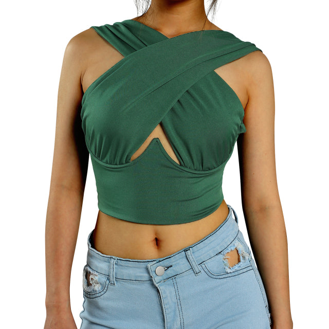 Women Criss Cross Tank Tops Sexy Sleeveless Solid Color Cutout Front Crop Tops Party Club Streetwear Lady Bustier Tops