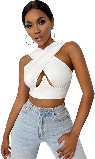 Women Criss Cross Tank Tops Sexy Sleeveless Solid Color Cutout Front Crop Tops Party Club Streetwear Lady Bustier Tops
