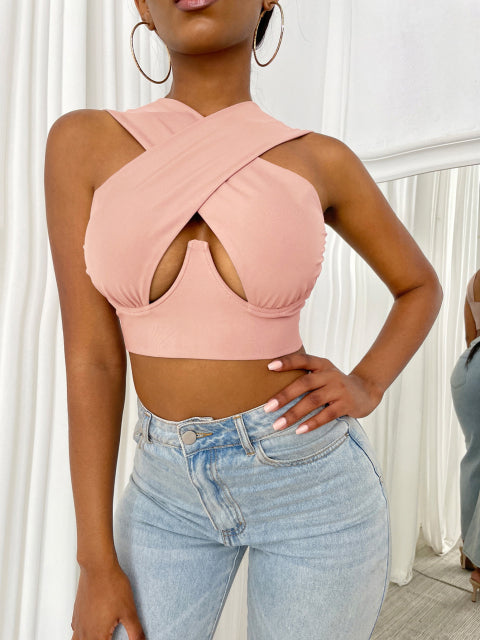 Women Criss Cross Tank Tops Sexy Sleeveless Solid Color Cutout Front Crop Tops Party Club Streetwear Lady Bustier Tops