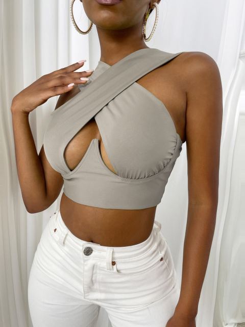Women Criss Cross Tank Tops Sexy Sleeveless Solid Color Cutout Front Crop Tops Party Club Streetwear Lady Bustier Tops