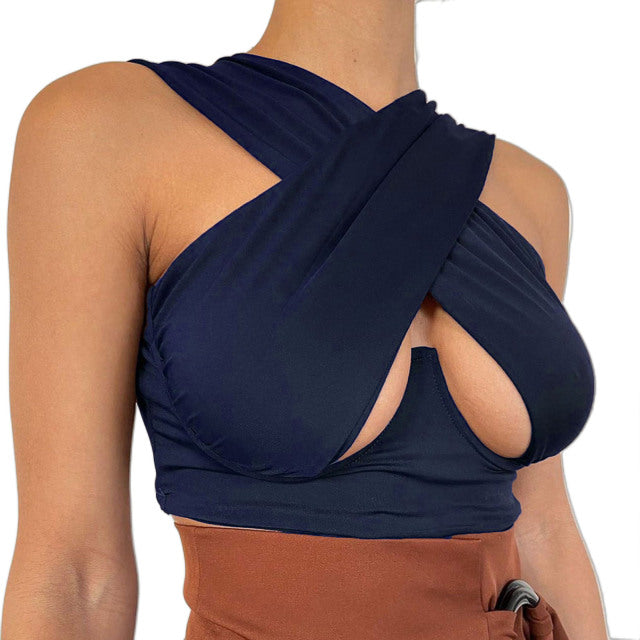 Women Criss Cross Tank Tops Sexy Sleeveless Solid Color Cutout Front Crop Tops Party Club Streetwear Lady Bustier Tops
