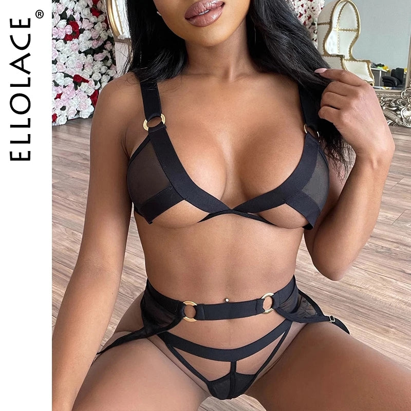 Ellolace Lace Hollow Out Lingerie Sexy 3 Piece Set Wireless Lace Erotic Lingerie Underwear Women Set Sensual Lingerie Sexy