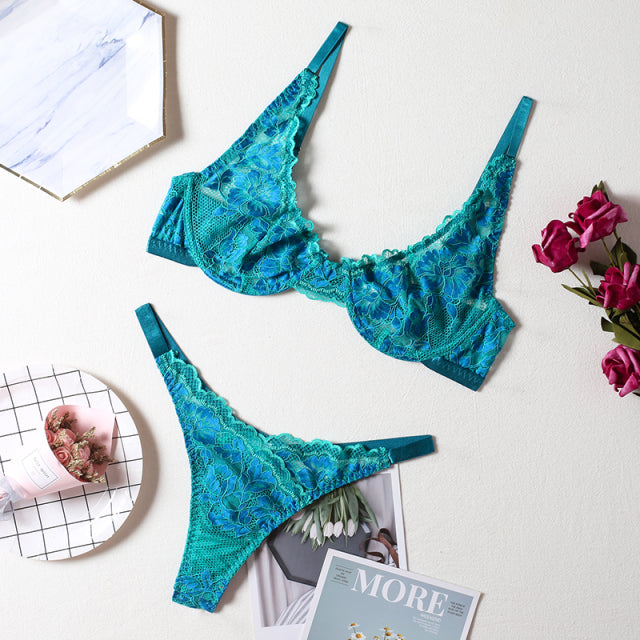 Lingerie Deep-V Floral Embroidery Underwear Push up Underwire Bra Transparent Brief Sets