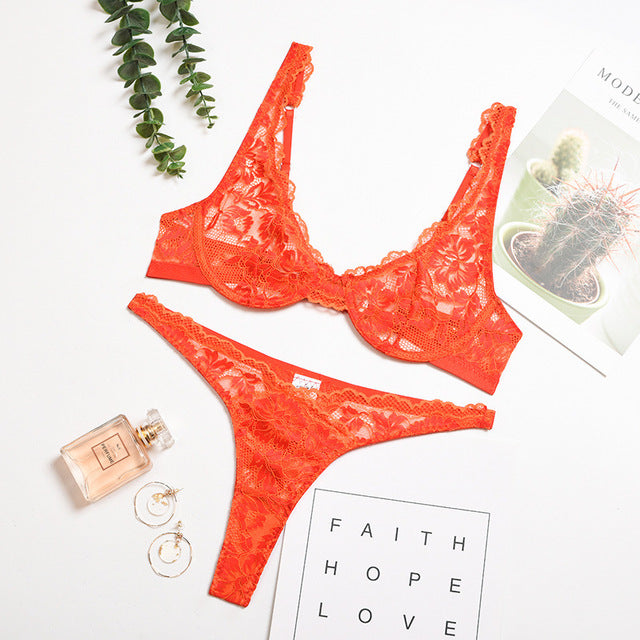 Lingerie Deep-V Floral Embroidery Underwear Push up Underwire Bra Transparent Brief Sets