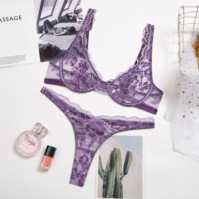 Lingerie Deep-V Floral Embroidery Underwear Push up Underwire Bra Transparent Brief Sets