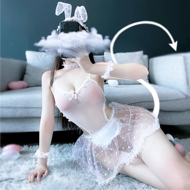 Japanese Kawaii Mesh Lolita Bunny Sexy Lingerie Anime Cosplay Costumes Lolita Female Backless Lace Strap Nightdress Maid Outfit