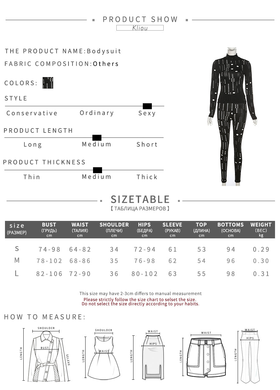 Kliou Biker Style Two Piece Set Women Hollow Out Long Sleeve Turtleneck Top+Solid Sheath Stretchy Waist Female Pants