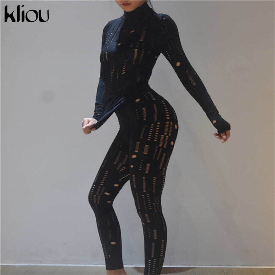 Kliou Biker Style Two Piece Set Women Hollow Out Long Sleeve Turtleneck Top+Solid Sheath Stretchy Waist Female Pants
