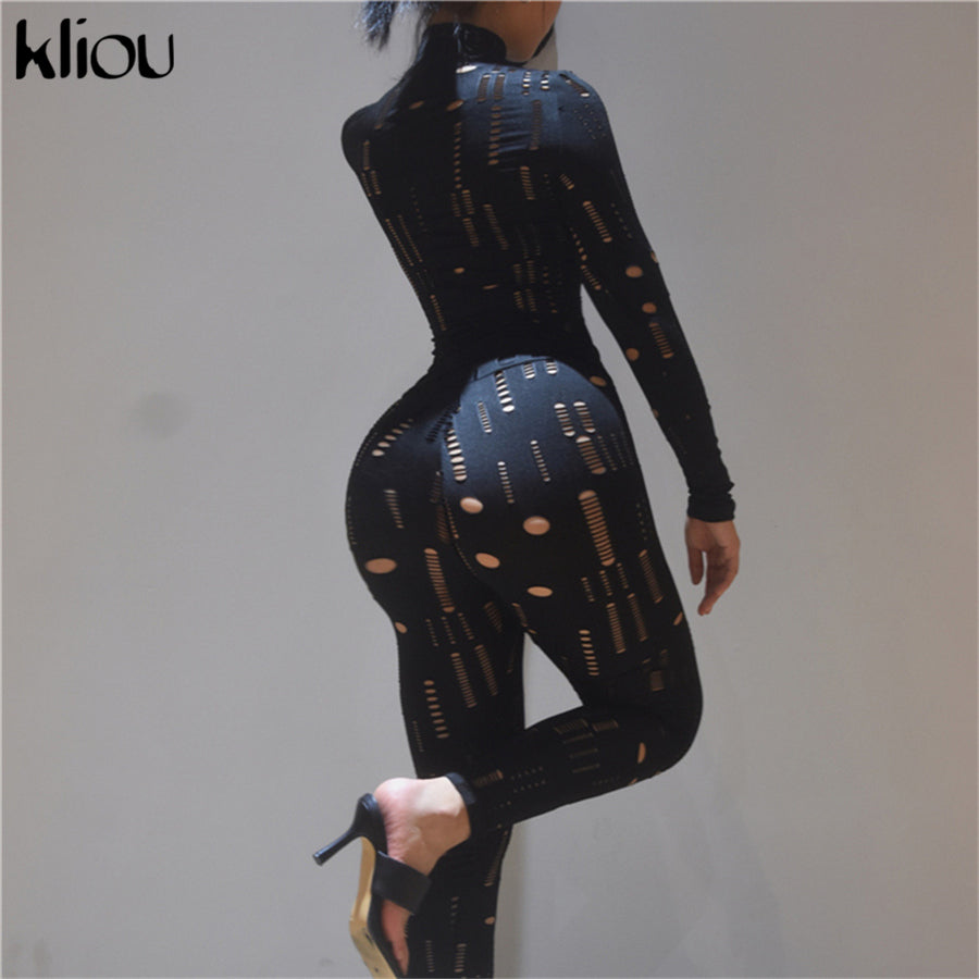 Kliou Biker Style Two Piece Set Women Hollow Out Long Sleeve Turtleneck Top+Solid Sheath Stretchy Waist Female Pants