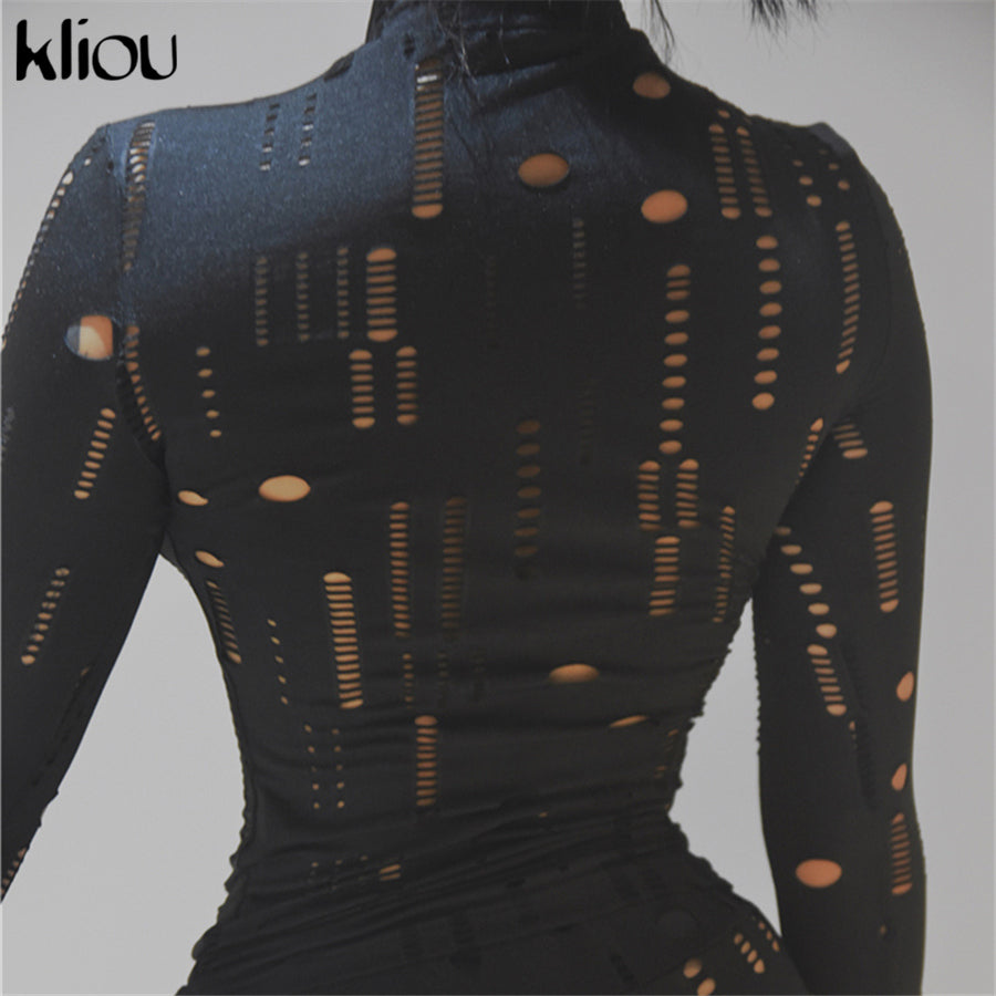 Kliou Biker Style Two Piece Set Women Hollow Out Long Sleeve Turtleneck Top+Solid Sheath Stretchy Waist Female Pants