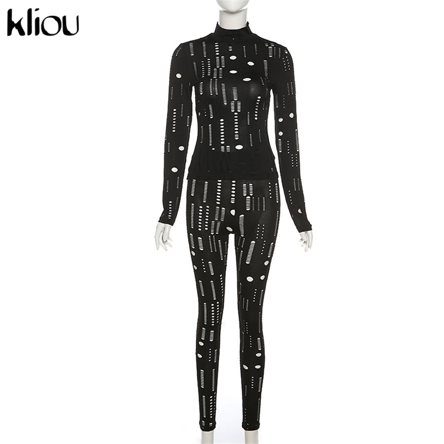 Kliou Biker Style Two Piece Set Women Hollow Out Long Sleeve Turtleneck Top+Solid Sheath Stretchy Waist Female Pants
