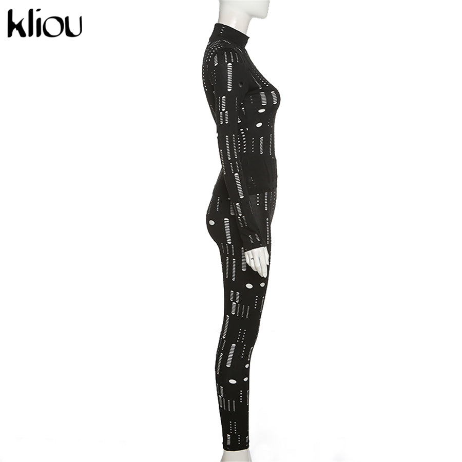 Kliou Biker Style Two Piece Set Women Hollow Out Long Sleeve Turtleneck Top+Solid Sheath Stretchy Waist Female Pants