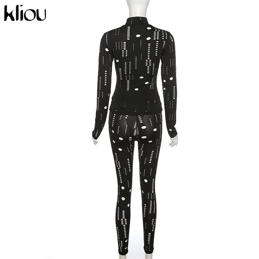 Kliou Biker Style Two Piece Set Women Hollow Out Long Sleeve Turtleneck Top+Solid Sheath Stretchy Waist Female Pants