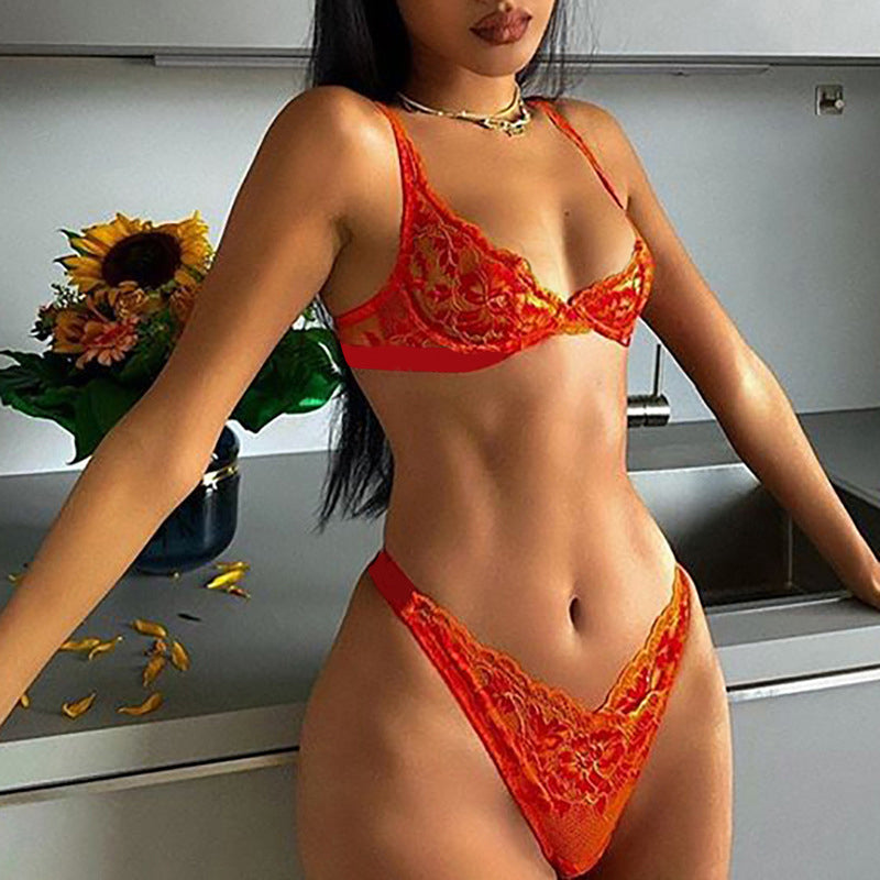 Lingerie Deep-V Floral Embroidery Underwear Push up Underwire Bra Transparent Brief Sets