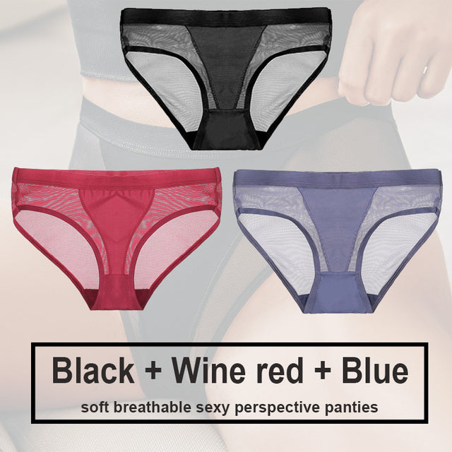 3Pcs/Set Women Mesh Panties Transparent Briefs Low Waist Breathable