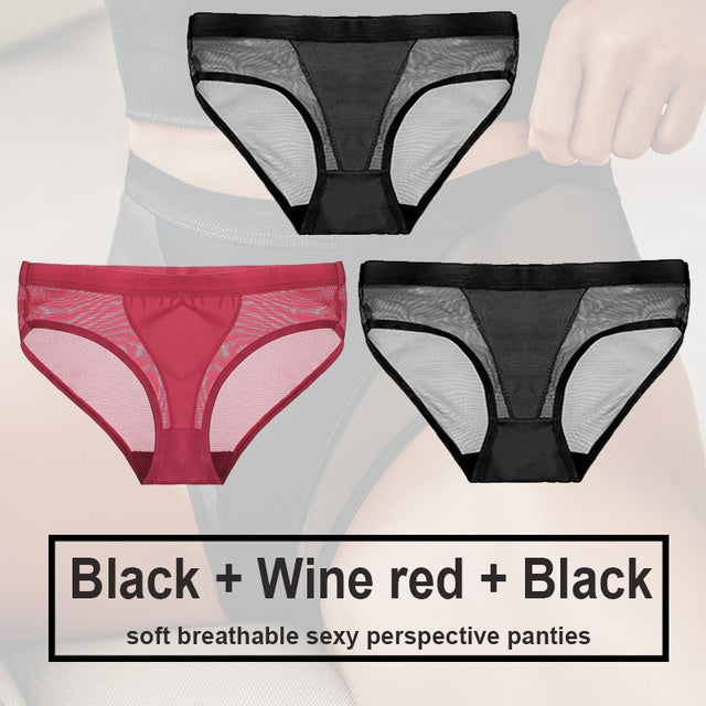 3Pcs/Set Women Mesh Panties Transparent Briefs Low Waist Breathable