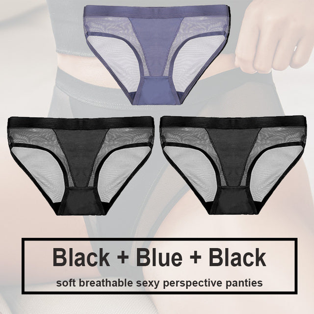 3Pcs/Set Women Mesh Panties Transparent Briefs Low Waist Breathable