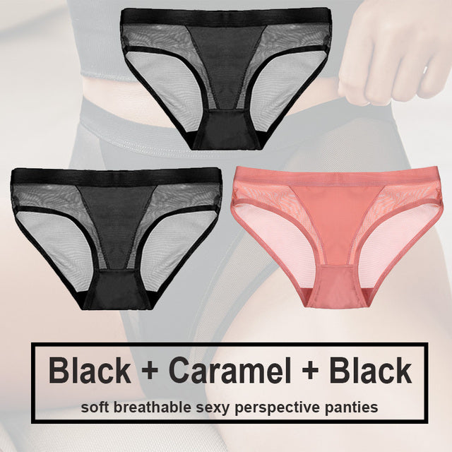 3Pcs/Set Women Mesh Panties Transparent Briefs Low Waist Breathable