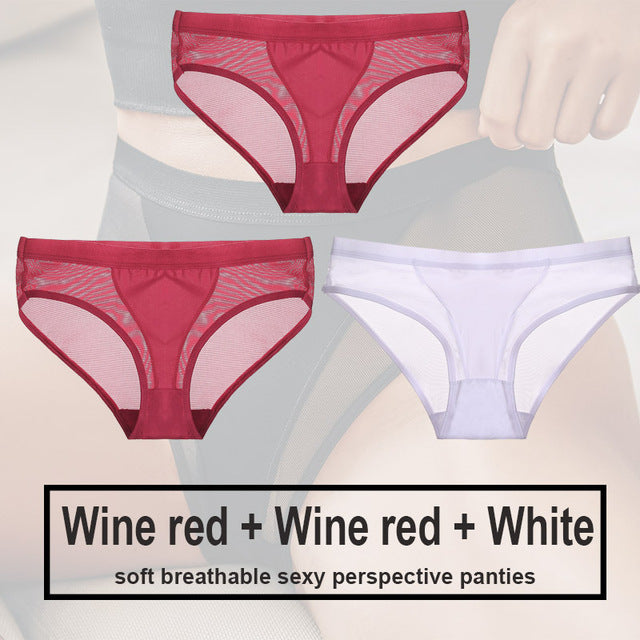 3Pcs/Set Women Mesh Panties Transparent Briefs Low Waist Breathable