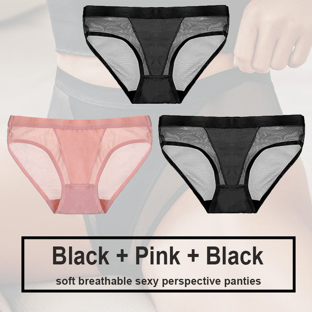 3Pcs/Set Women Mesh Panties Transparent Briefs Low Waist Breathable
