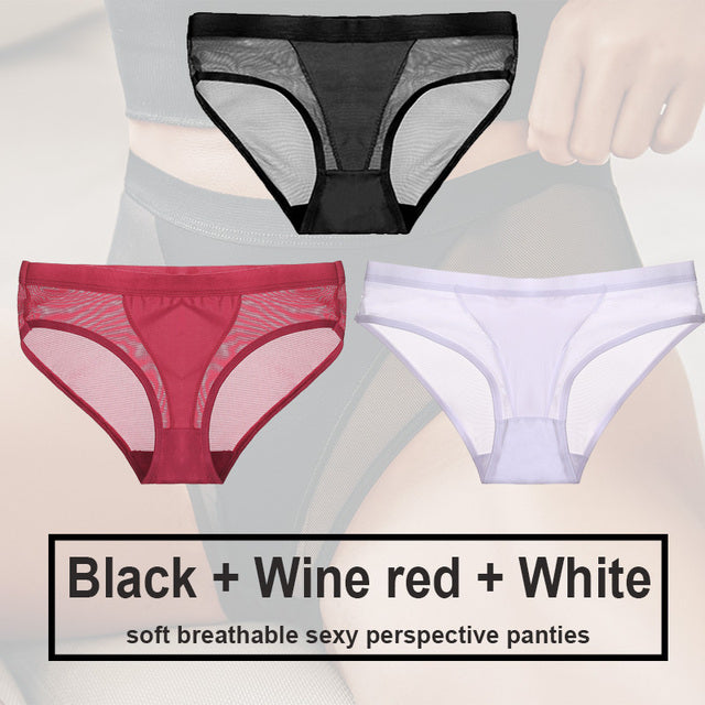 3Pcs/Set Women Mesh Panties Transparent Briefs Low Waist Breathable