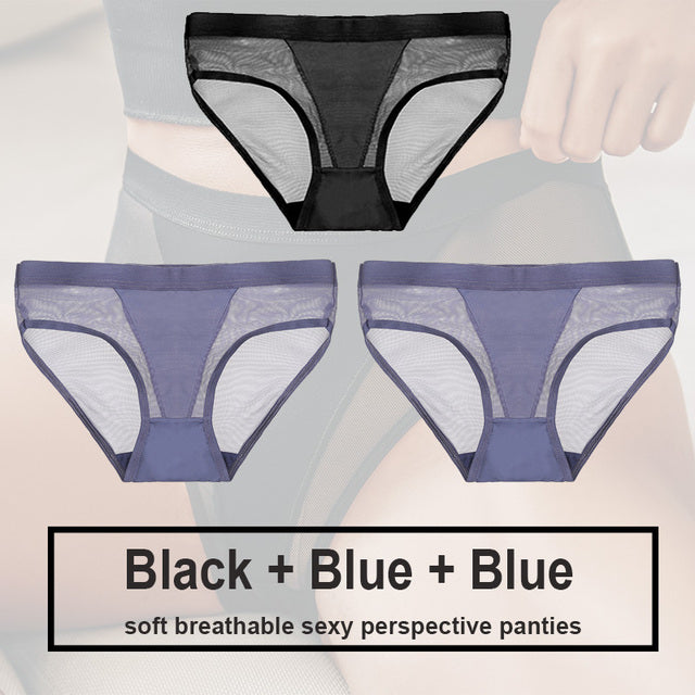 3Pcs/Set Women Mesh Panties Transparent Briefs Low Waist Breathable
