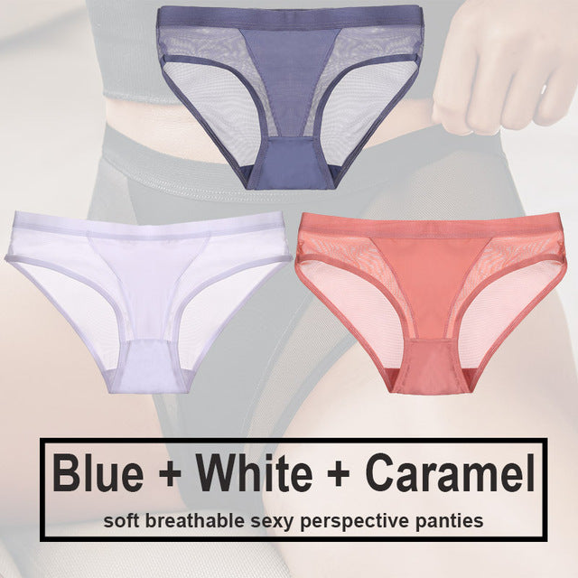 3Pcs/Set Women Mesh Panties Transparent Briefs Low Waist Breathable