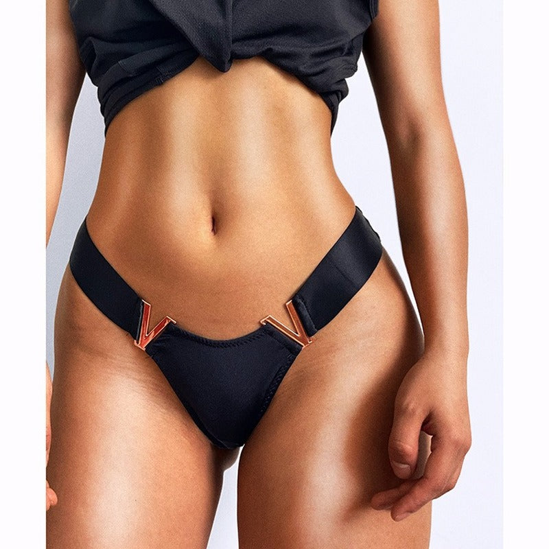 V-Shaped Metal Decoration Underwear Sports Hip Lifting Low Waist High Fork Half Sheath Briefs Panties Women Sexy