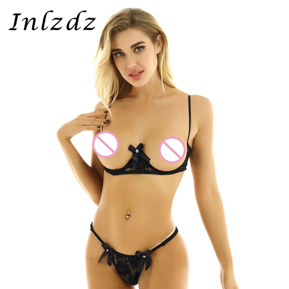 Womens Erotic Lingerie Set Sheer Lace Sex Sexy Suit Bare Exposed Breasts Underwired Shelf Bra with G-string Thong Briefs Panties
