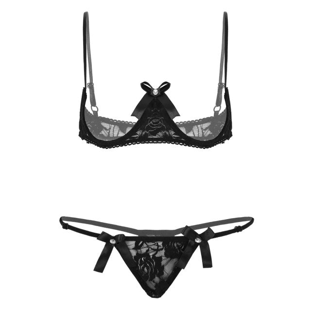 Womens Erotic Lingerie Set Sheer Lace Sex Sexy Suit Bare Exposed Breasts Underwired Shelf Bra with G-string Thong Briefs Panties