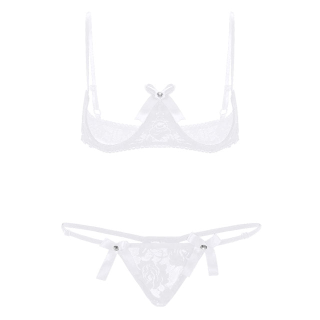 Womens Erotic Lingerie Set Sheer Lace Sex Sexy Suit Bare Exposed Breasts Underwired Shelf Bra with G-string Thong Briefs Panties