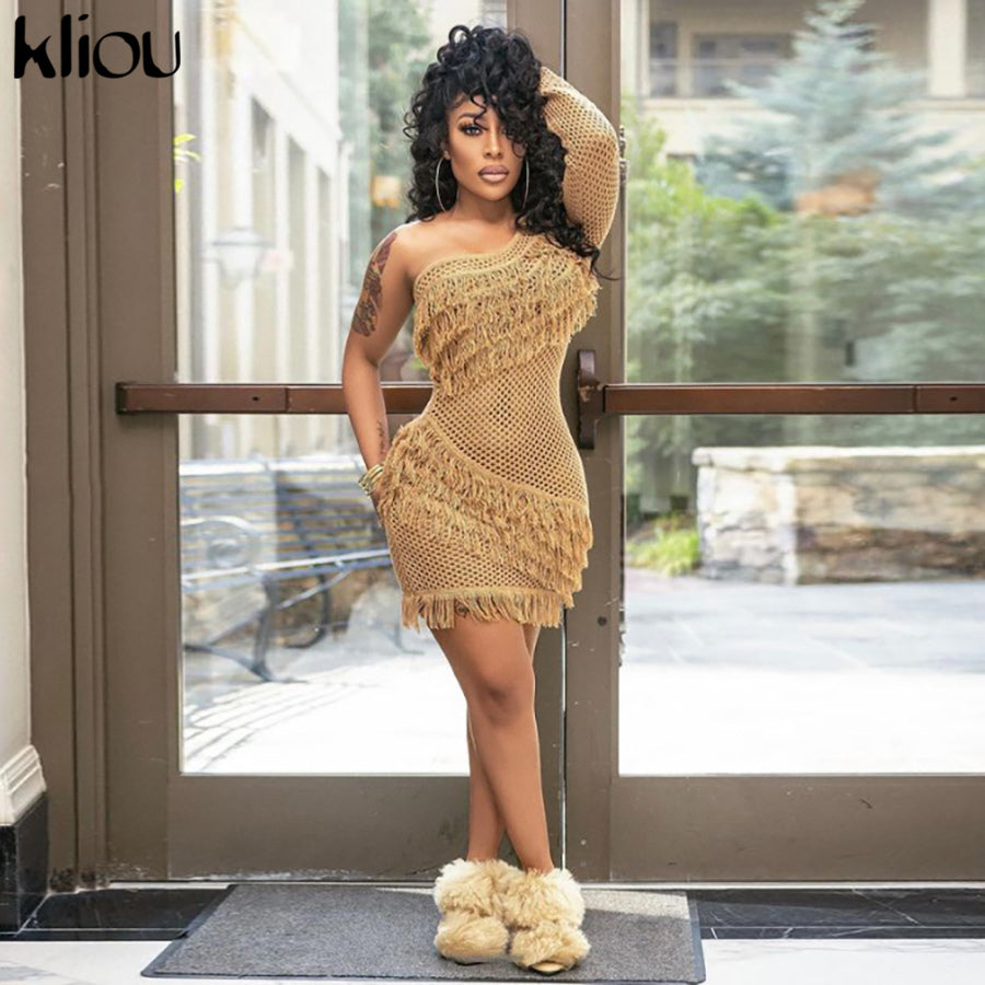 Kliou Bohemian Style Dress Women Autumn Plaid Tassel Skirt Sexy See Through Inclined Shoulder Robe Party Knitted Attirewear