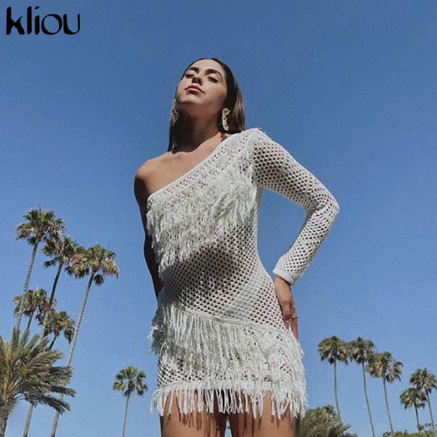 Kliou Bohemian Style Dress Women Autumn Plaid Tassel Skirt Sexy See Through Inclined Shoulder Robe Party Knitted Attirewear