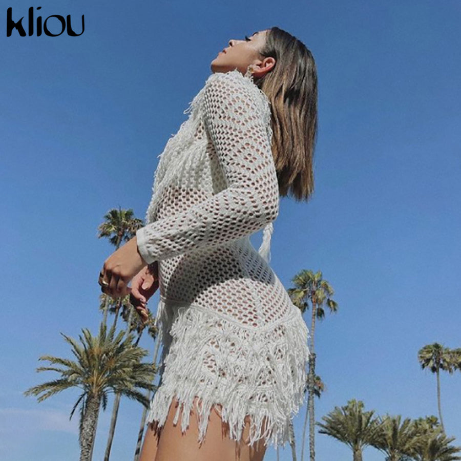 Kliou Bohemian Style Dress Women Autumn Plaid Tassel Skirt Sexy See Through Inclined Shoulder Robe Party Knitted Attirewear