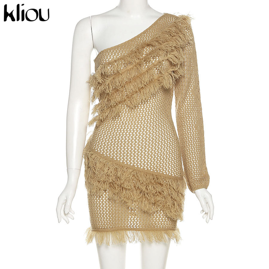 Kliou Bohemian Style Dress Women Autumn Plaid Tassel Skirt Sexy See Through Inclined Shoulder Robe Party Knitted Attirewear